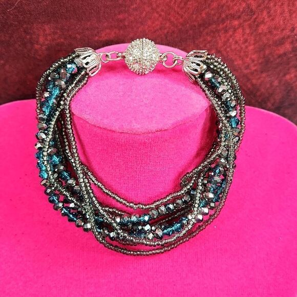 🩵Premier "Seaside" Teal & Gray Multistrand Beaded Magnetic Bracelet - Picture 4 of 11